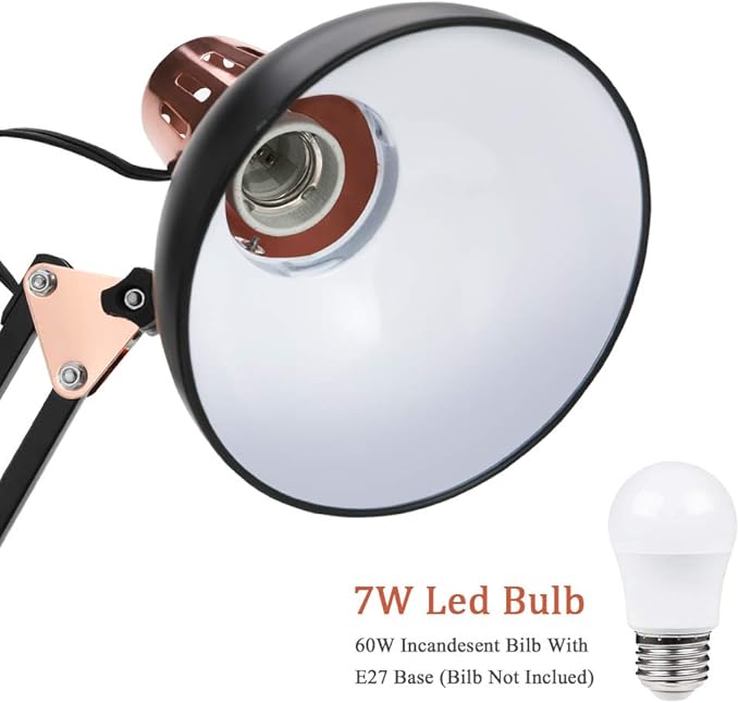 PowerKing Metal Swing Arm Desk Lamps with Base & Clamp, Black Rose Gold | Adjustable Architect Lamp, On Off Switch, Fits E26 E27 Bulbs, Eye-Caring Reading Light, for Home Office Work Study