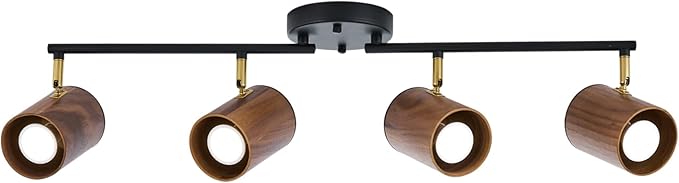 Modern 4-Light Track Lighting Kit Fixture, Adjustable Matte Black Finish and Real Dark Wood Lampshade Ceiling Light, Brass Swivel Item Kit, for Living Room, Kitchen, Artwork