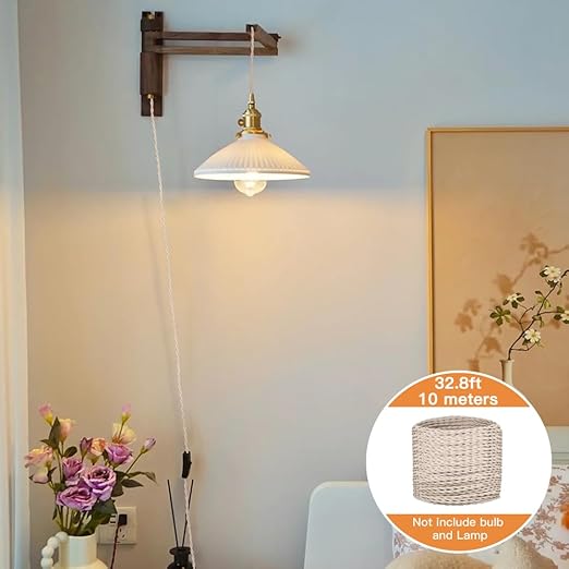 Helunsi Twisted Cloth Covered Wire, Ivory 18/2 Fabric Covered Electrical Wire, 32.8ft Vintage Lamp Cord, For DIY Projects
