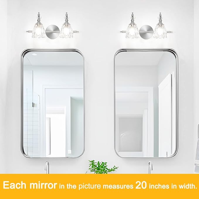 Vintage Vanity Light Fixtures for Bathroom, 2 Light Brushed Nickel Vanity Lighting Over Mirror, Bathroom Light Fixtures with Flower Clear Glass, Farmhouse Sconces Wall Lighting for Hallway