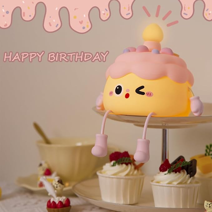 Fun Night Light - Cute Birthday Cake Night Lamp USB Rechargeable, Auto-off Nursery Bedside Sleep Lamp 2 Brightness Levels, Women Girls Boys Teens Friends Christmas Anniversary Birthday Gifts