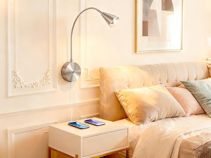 HomeFocus - LED Wall Light, Bedside Reading Light, Eye-Caring Wall Lamp with Dual USB Charging Ports, Dimmable 3 Modes, Wall Sconces, 5W 3000K Warm White, Flexible Gooseneck, Metal, Satin Nickel