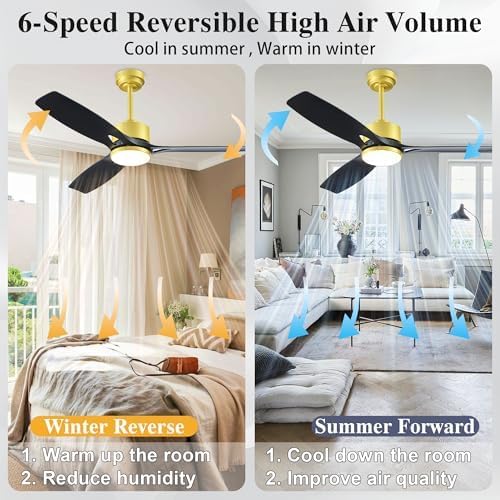 Ceiling Fans with Lights and Remote - 52 Inch Smart App Control Modern Low Profile Fandelier - Flush Mount for Living Room, Bedroom, Farmhouse - 35w Led Lighting Bulb - Quiet DC Motor - Black Gold