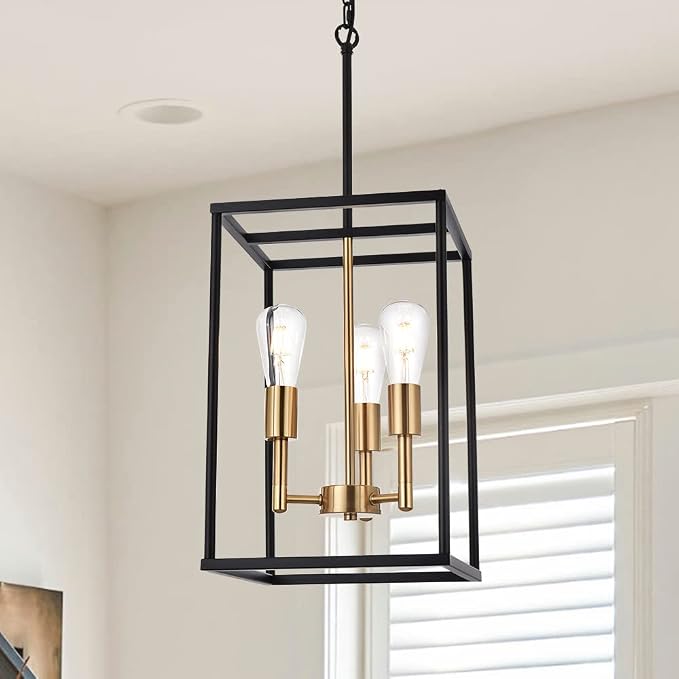3 Light Vintage Industrial Pendant Light, Lantern Cage Chandelier in Black and Brushed Brass Finish Classic Hanging Kitchen Lighting for Foyer Dining Room Kitchen Island, Bedroom