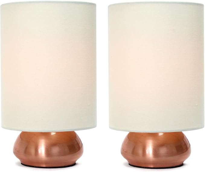 Simple Designs LT2016-CRM-2PK 9" Gemini 2 Pk Contemporary 4 Settings Touch Metal Mini Round Table Lamp Set w Fabric Shades for Décor,Nightstand,End Table,Bedroom,Living Room,Office,Foyer, RGD & WHT