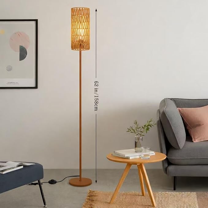 Ruiever Floor Lamp for Living Room,Farmhouse Floor lamp,Modern Standing lamp with Hand-Worked Rattan Shade (Brown Body with 3 Color Bulb)