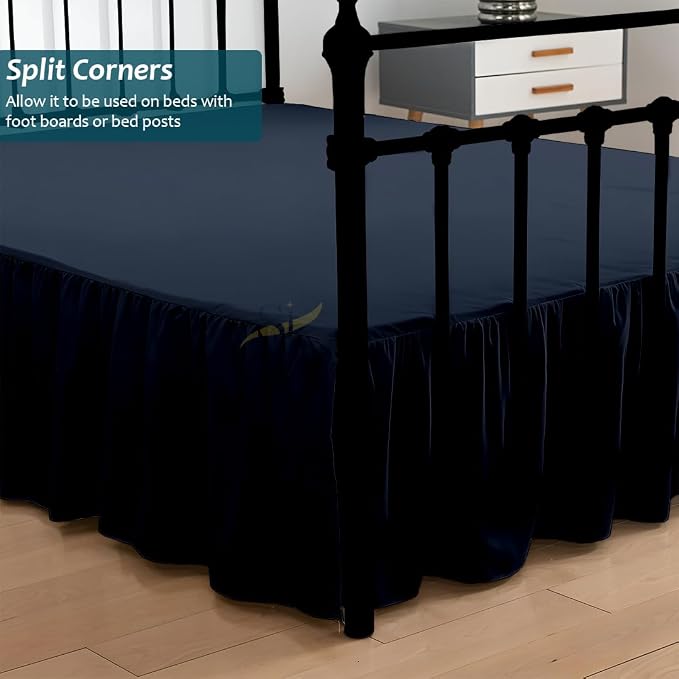 Shreem Linen Ruffled Bed Skirt with Split Corners, Gathered Style, 100% Microfiber, 16-Inch Drop, Dust Ruffle Bedskirt with Platform, Queen, Navy Blue