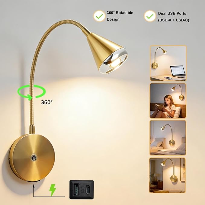 HomeFocus Wall Light,LED Wall Lamp,Eye-Caring Bedside Reading Wall Light,Gold