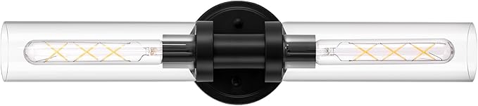 Black Sconces Wall Lighting, Bathroom 2-Light Vanity Light W/Clear Glass Shade, Modern Wall Mounted Lights for Mirror, Makeup Vanity, Kitchen, Washroom, Hallway, E26 T10 Bulbs(Excluded)