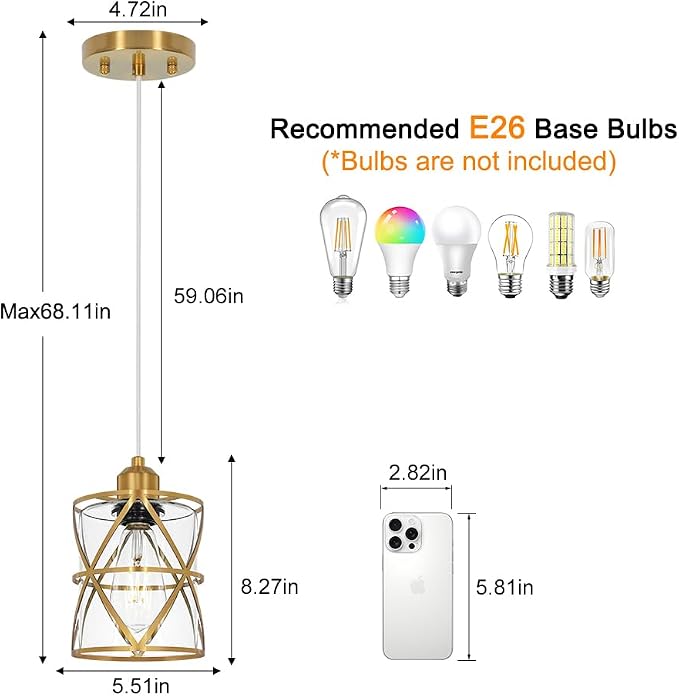 Gold Pendant Lights Kitchen Island Set of 2 , Adjustable Hanging Lights with Clear Glass, Industrial Ceiling Pendant Light for Hallway, Decor, E26 Base - 5.51''Shade,59.06'' Cord(Bulbs Not Included)