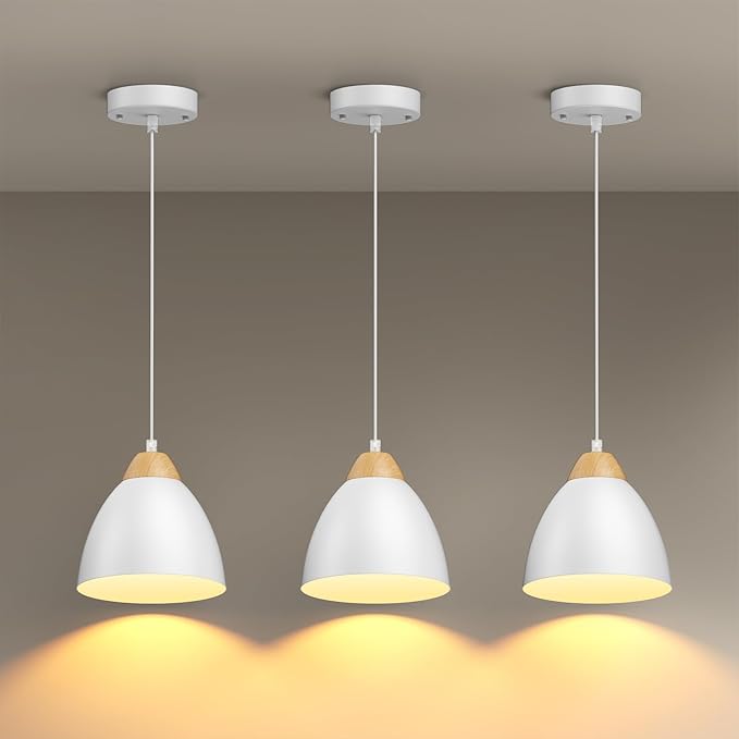 3 Pack Pendant Lights for Kitchen Island, 5.9" Cone Metal Shade Adjustable Height White Small Hanging Lamps for Dining Room Light Fixtures Over Table Modern Ceiling Fixture