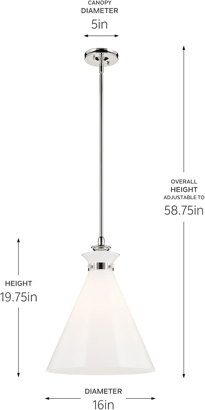 Kichler Laria 1-Light Pendant, Updated Traditional Light, Sloped Ceiling Compatible, for Kitchen with Opal Glass in Polished Nickel (19.75" x 16"), 52775PN