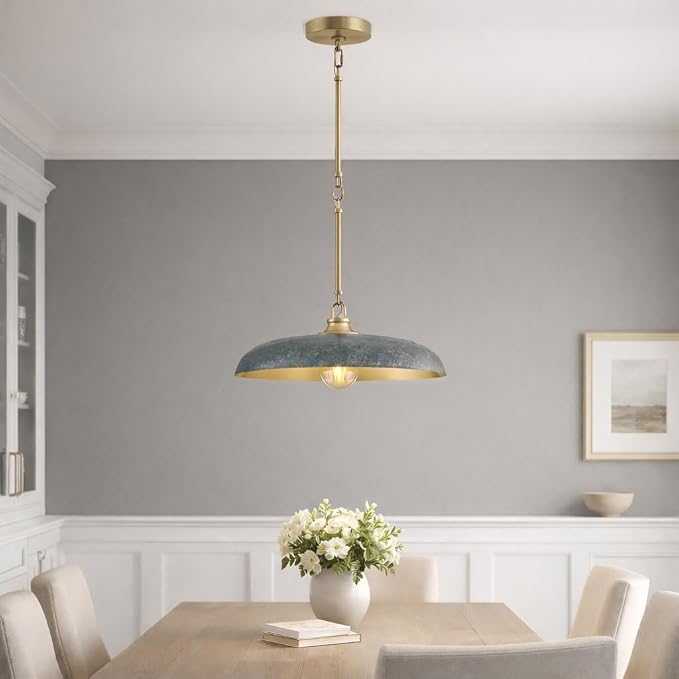 Hinkley Sadie 18" Medium Dome Pendant, Antique Verdigris/Lacquered Brass | Two Tone Saucer Chandelier, Includes (5) 7" Downrods, Needs a Med. LED Bulb, Adjustable Height, Dining Room, Kitchen