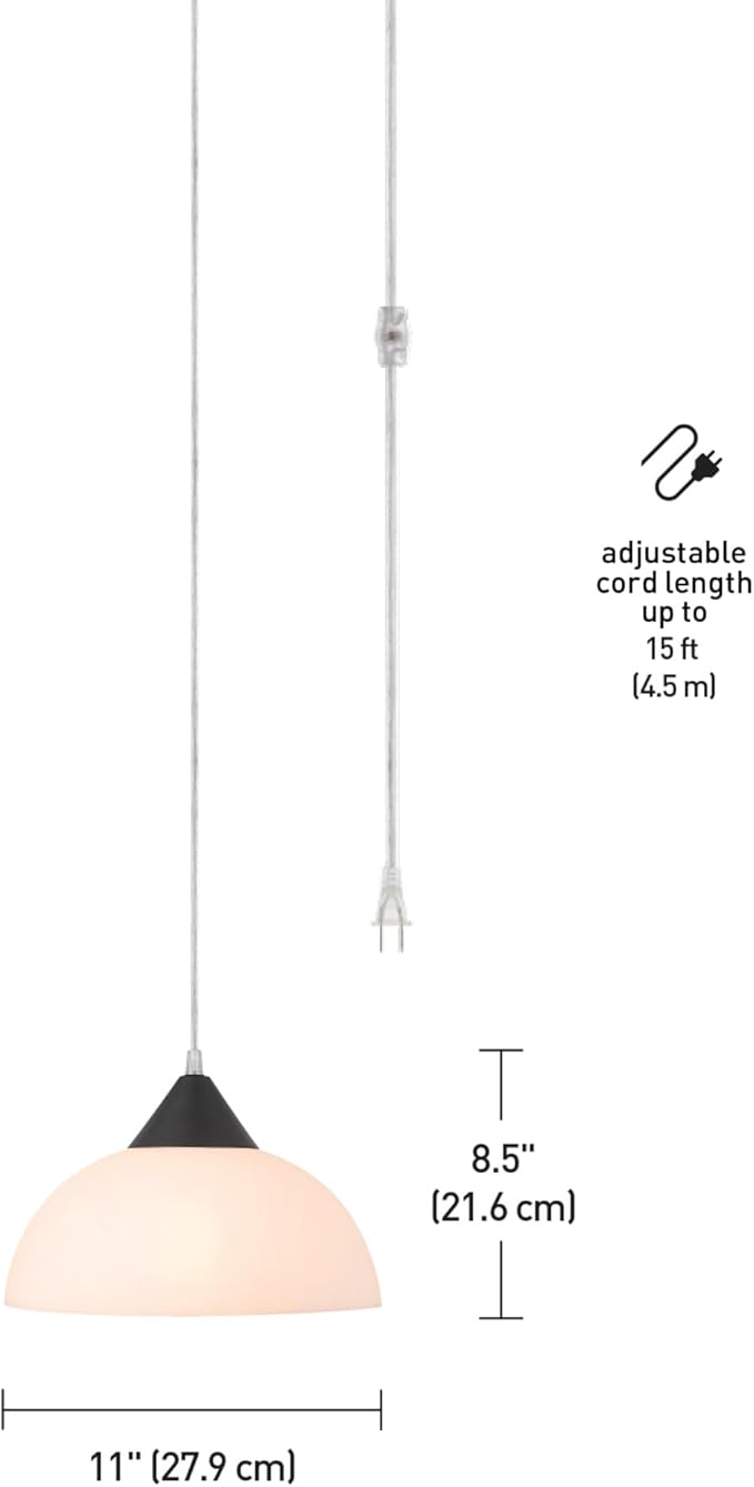 Globe Electric 60435 1-Light Plug-in Pendant Light Fixture, Dark Bronze Finish, Frosted Shade, Adjustable Clear Cord Height, Modern Hanging Lights for Kitchen Island, Hallway, or Dining Room