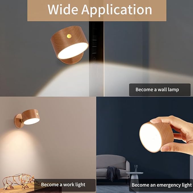 LANDGOO Battery Operated Wall Sconce Bedside Lamp, Wooden Magnetic Wall Light Dimmable, 360° Adjustable Angle, Rechargeable Cordless Lamp for Picture, Bedroom, Hallway (Beech Wood 2PCS)