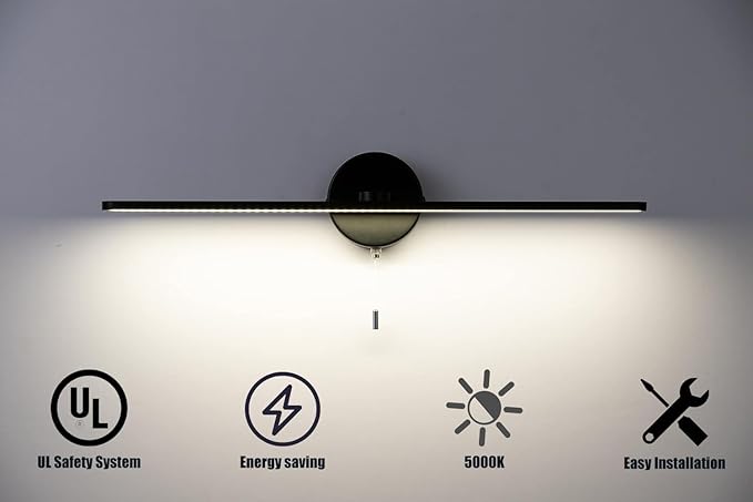 24 Inch LED Vanity Light Bar, Modern Black Bathroom Vanity Light Fixture，Over Mirror sconces Wall Lighting, Wall Light Bar with 3000K/4000K/5000K Dimmable Pull Chain Switch On/Off