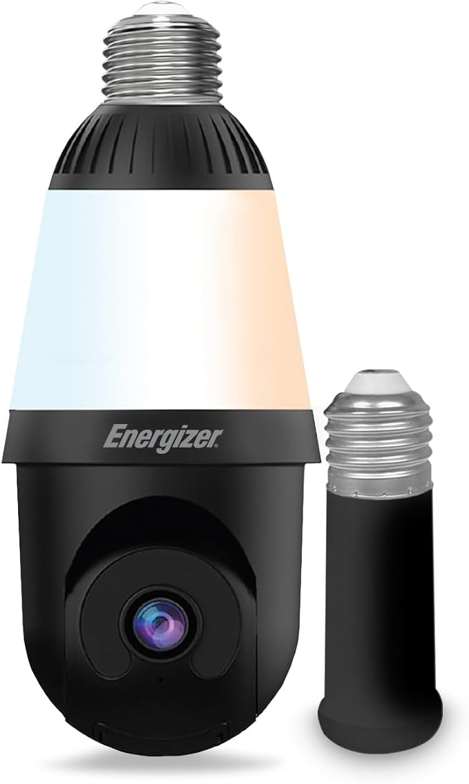 Energizer Smart 2K Light Bulb Security Camera, 1000 Lumens LED Light, 5G&2.4G Wi-Fi Outdoor Socket Camera, Pan Tilt Auto Tracking, (Black, App Enabled Smart Detections)