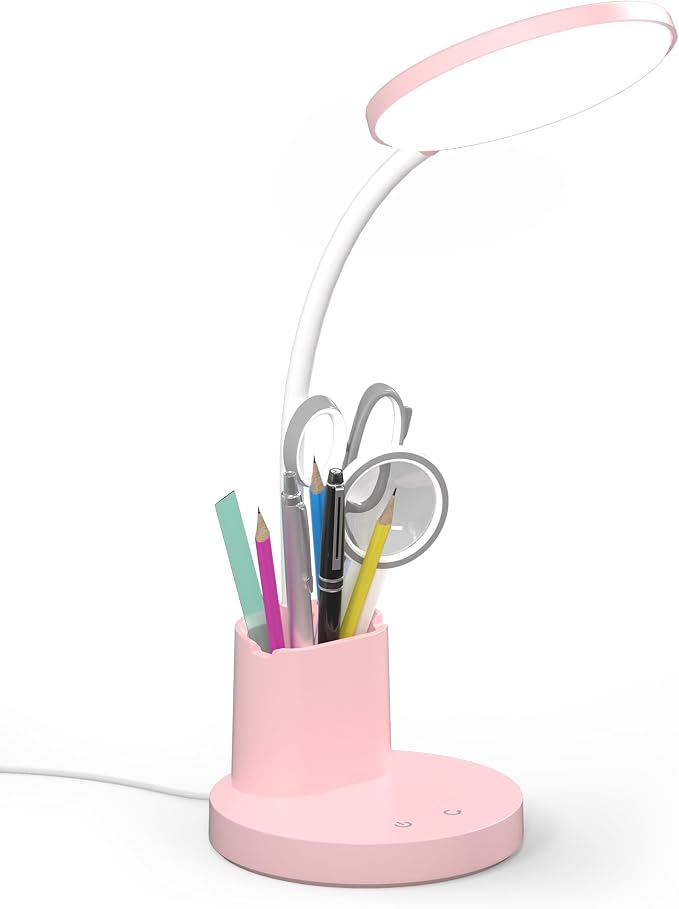 LED Desk Lamp for College Dorm with Pen Phone Holder, Pink | 3 Color Modes Dimmable Desk Light, College Dorm Essentials, 360° Adjustable Arm, Eye-caring Bedside Reading Lamp, 800 Lumen