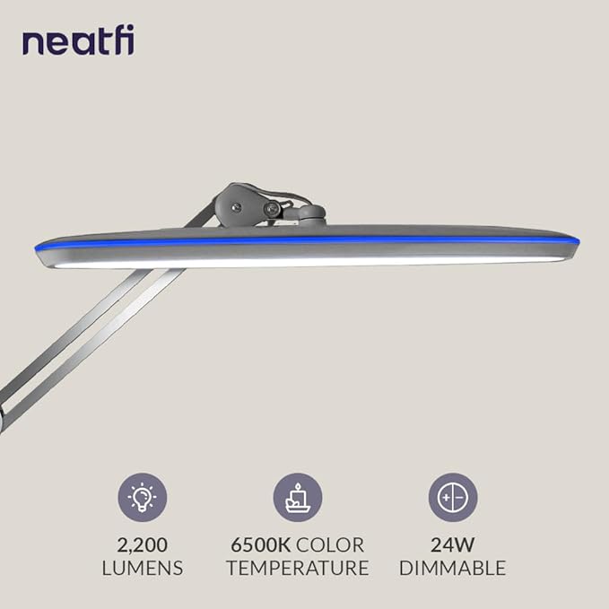 Neatfi XL 2,200 Lumens 24W LED Desk Lamp – 23” Wide Shade | Dimmable Eye-Caring Task Light | Adjustable Arm | Home Office, Study, Crafts & Nail Tech (Non-CCT with Clamp, Silver)