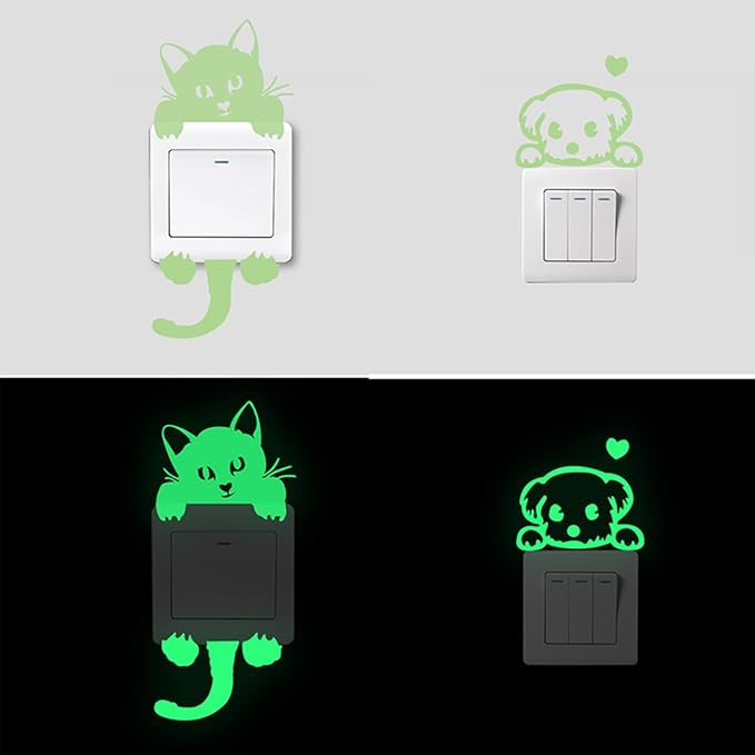 4 Pcs Cute Cartoon Switch Labels cat & Dog Puppy,Glow in The Dark Light Switch Cover Set,Light Switch Labels Stickers for House, Luminous pet Wall Decals for Bedroom,Art Mural Paste