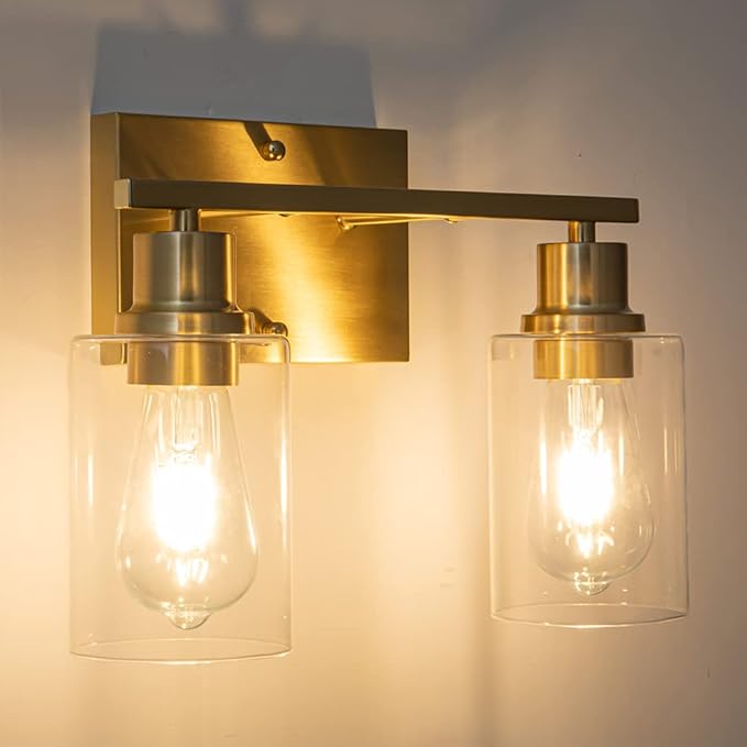 EMONG Gold Bathroom Light Fixtures, 2-Lights Brushed Brass Vanity Light with Clear Glass Shade, Modern Wall Sconces for Hallway, Farmhouse, Living Room