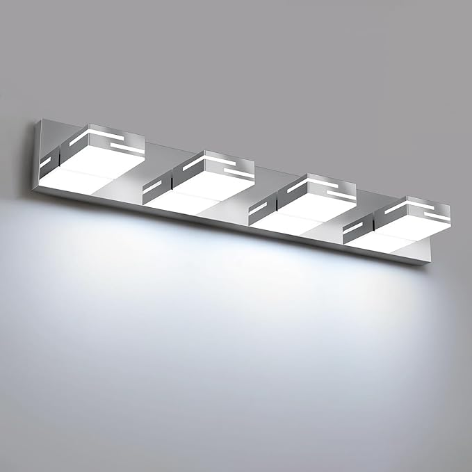 LED Modern Bathroom Vanity Light Fixtures, 4-Light 28-inch Dimmable Chrome Vanity Lights for Bathroom Lighting Fixtures Over Mirror, with 350° Rotatable Heads (Cool White 6000K)