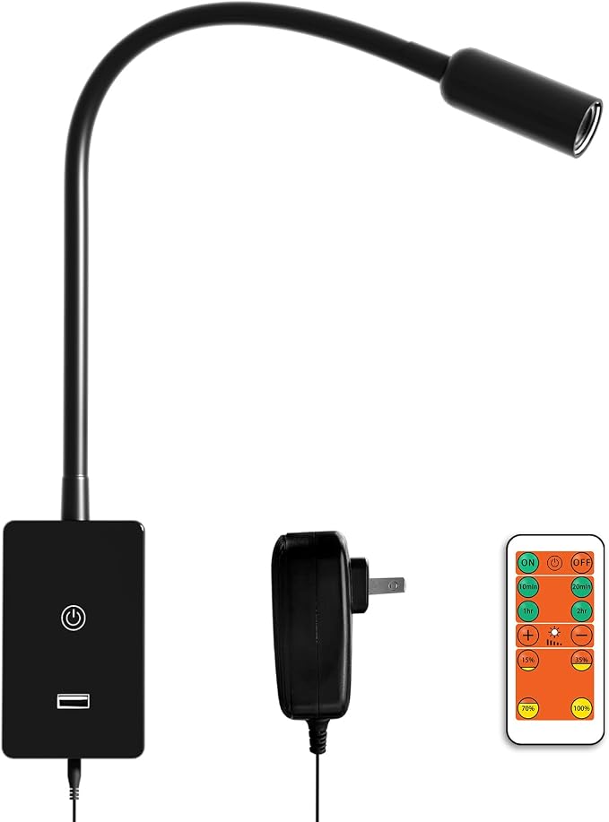 ENUOTEK LED Wall Mounted Bedside Lamp with Flexible Gooseneck, Remote Control Black Wall Mount LED Reading Spot Light for Bedroom, Timer Auto Off, Stepless and Step Dimmable, Neutral White Lighting