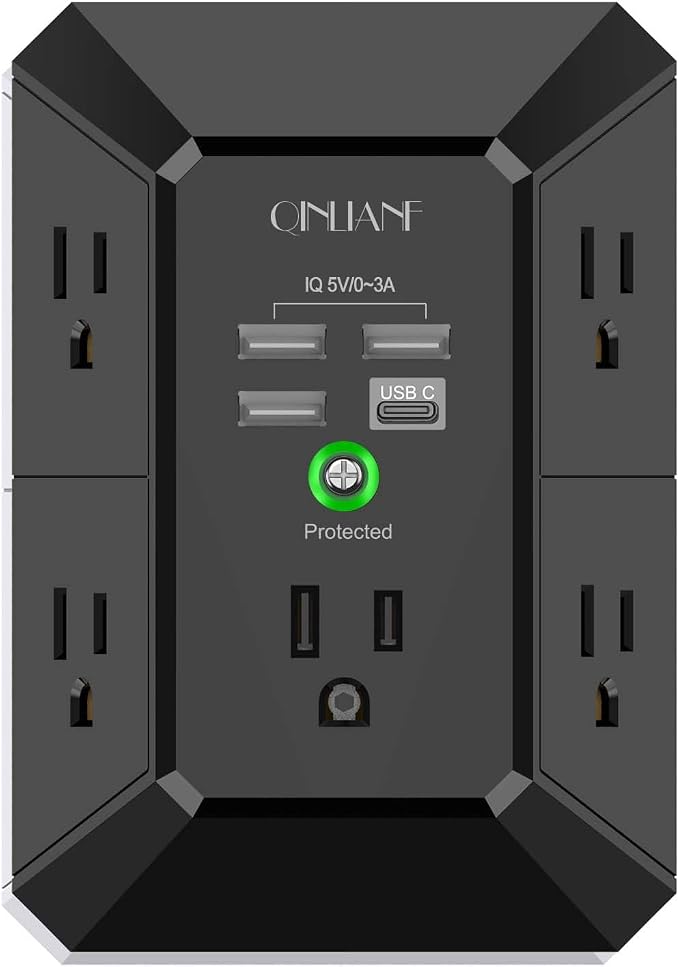 USB Wall Charger, Surge Protector, QINLIANF 5 Outlet Extender with 4 USB Charging Ports (4.8A Total) 3-Sided 1680J Power Strip Multi Plug Outlets Wall Adapter Spaced for Home Travel Office, Black
