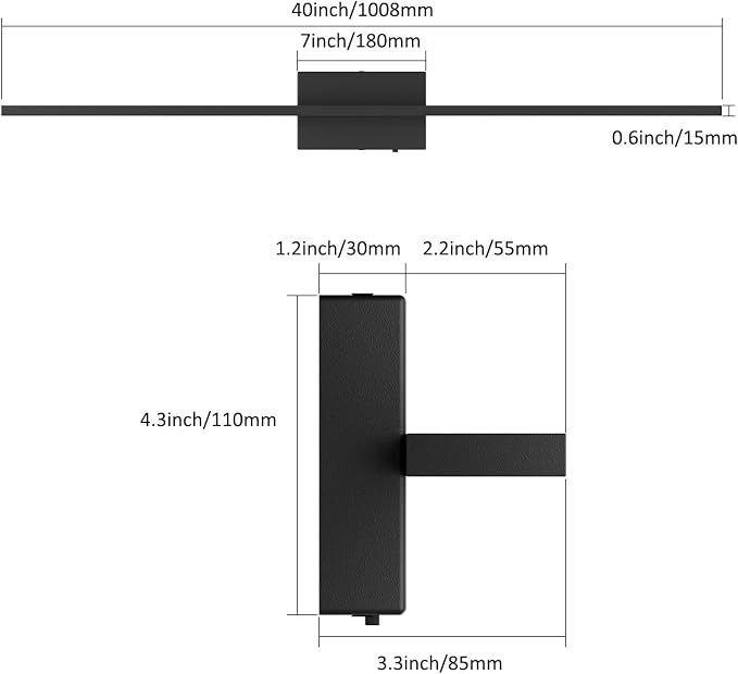 Ralbay 5 Color Temperature Dimmable Black Bathroom Vanity Light Bar 40inch Acrylic LED Modern Matte Black Bathroom Wall Lighting Fixtures Over Mirror
