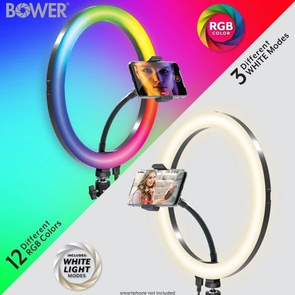 Bower 12-inch Led Selfie Ring Light Studio - Adjustable Brightness, 9 RGB and 3 White Light Modes, 7 Special Effects, with Tripod and Wireless Remote for Professional Photos and Videos