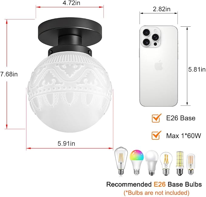 Daunton Semi Flush Mount Ceiling Light, Modern Globe Milk Glass Ceiling Light Fixture, Vintage Small Black Hallway Light Fixtures for Kitchen, Entryway, Bathroom, Closet
