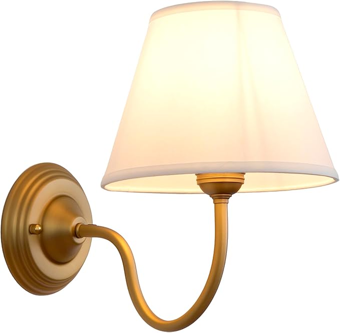 Vintage Curved Arm Fabric Wall Sconce with Linen Cloth Shade, Hardwired Indoor Single Sconce Light Wall Mounted Lamp for Bedroom Living Room Stairs Hallway