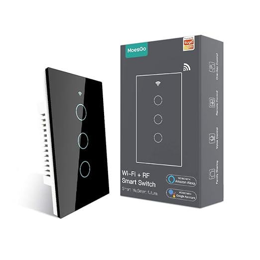 MoesGo WiFi RF433 Smart Touch Light Switch, No Neutral Wire, Black 3 Gang | Single live wire design, 2.4GHz WiFi only, minimum load 5W, Smart Life Tuya app remote, works with Alexa and Google Home