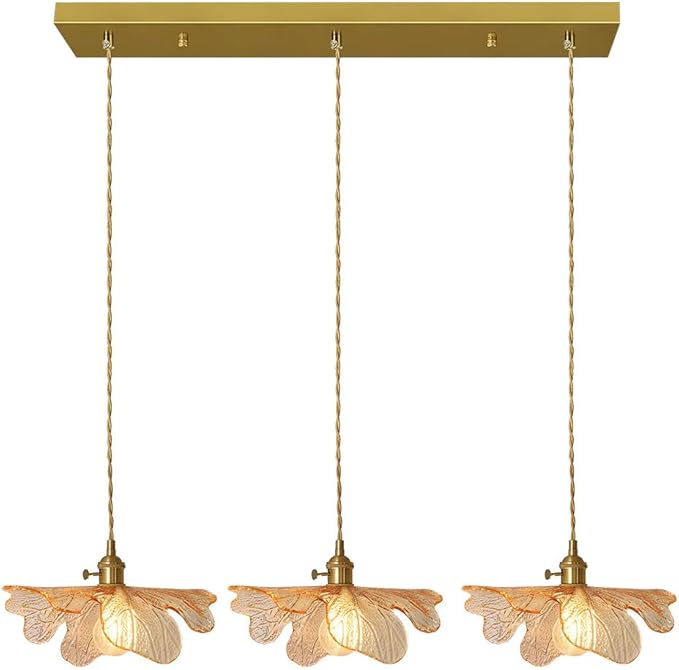 3-Light Vintage Petal Glass Ceiling Hanging Light Adjustable Gold Brass Chandelier Amber Glass Shade LED Linear Island Light for Dining Room Farmhouse, Indoor Cluster Lighting
