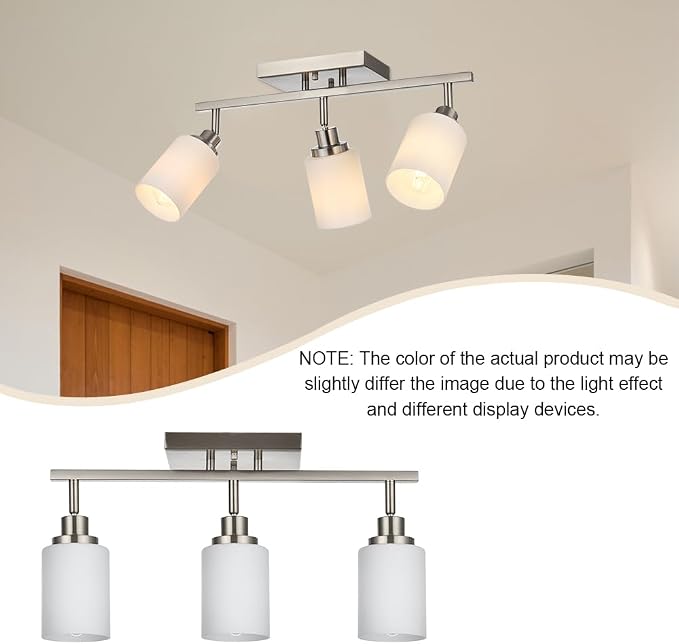 Track Lighting Fixtures Ceiling, 3-Lights Brushed Nickel Wall Ceiling Spot Lighting with Opal White Glass, E26 Bulb Base