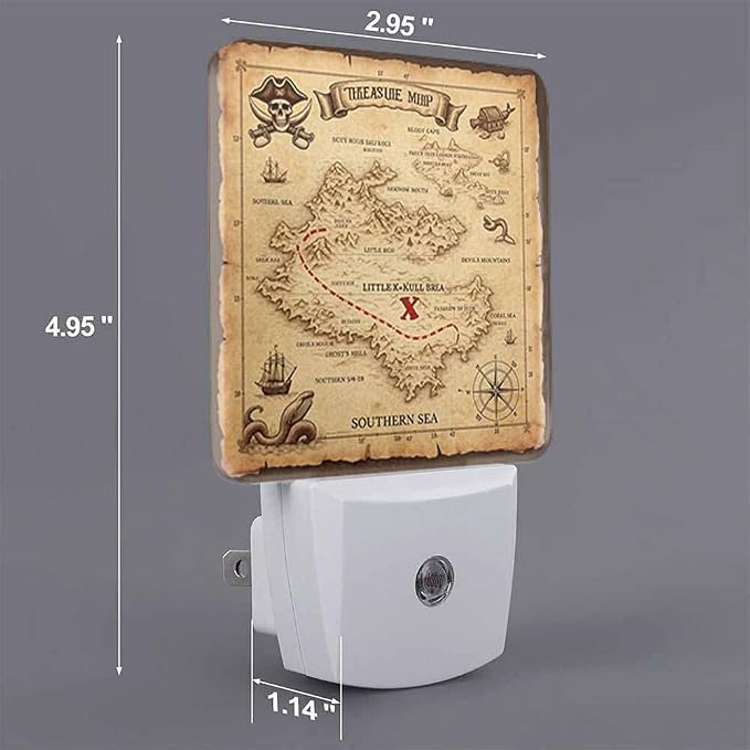 Brown Treasure Map Night Lights Plug into Wall Pirate Ship Sailing Adventure Night Light with Dusk to Dawn Sensor for Home Bedroom Bathroom Living Room 0.5W Sleep-Friendly
