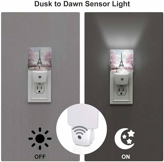 Eiffel Tower Night Lights Plug into Wall Pink Trees and Couples in Paris Night Light with Dusk to Dawn Sensor for Home Bedroom Bathroom Living Room 0.5W Sleep-Friendly