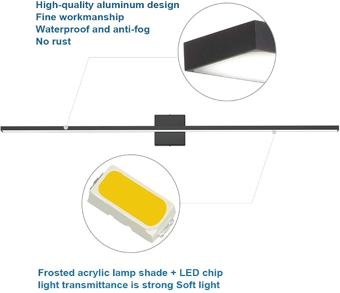 Ralbay 48inch Dimmable Modern LED Black Vanity Light 46W Frosted Aluminum for Bathroom Vanity Lighting Fixtures Cool White 6000K