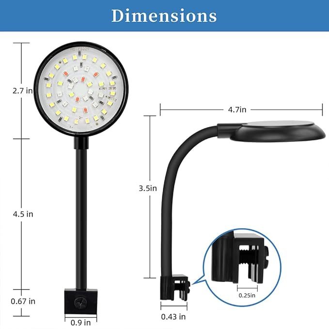 Mini Clip On Aquarium Light 7W Dimmable Small Fish Tank Light USB Moving Lamp with White Red Blue Green LED for 1 to 3 Gallon Tanks (with Timer)