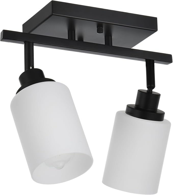 Wall Sconce Track Lighting Kit, 2-Lights Wall Mounted Light Fixtures in Black Finish, Ceiling Spotlight with Opal White Glass for Bedroom Cloakroom