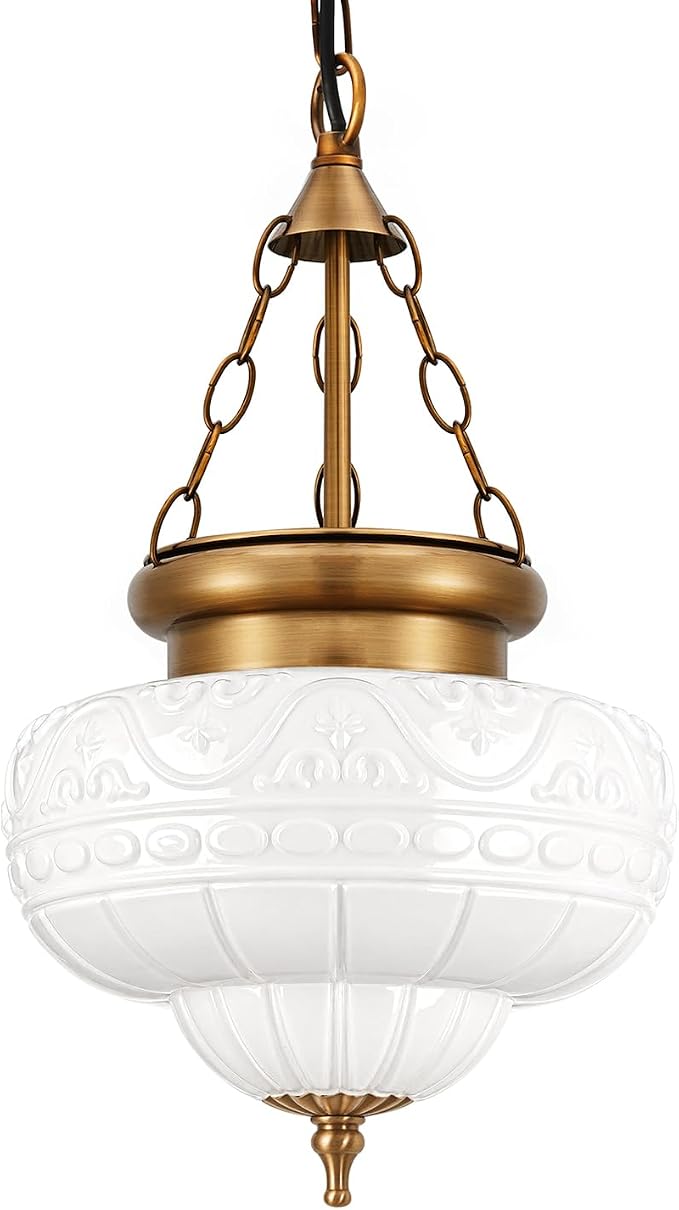 Vintage Brushed Antique Brass Pendant Light for Kitchen Island, Handblown Textured Milky Glass Hanging Light Fixture, Adjustable Height E26 Pendant Lighting for Dining Room, Entryway, Hallway