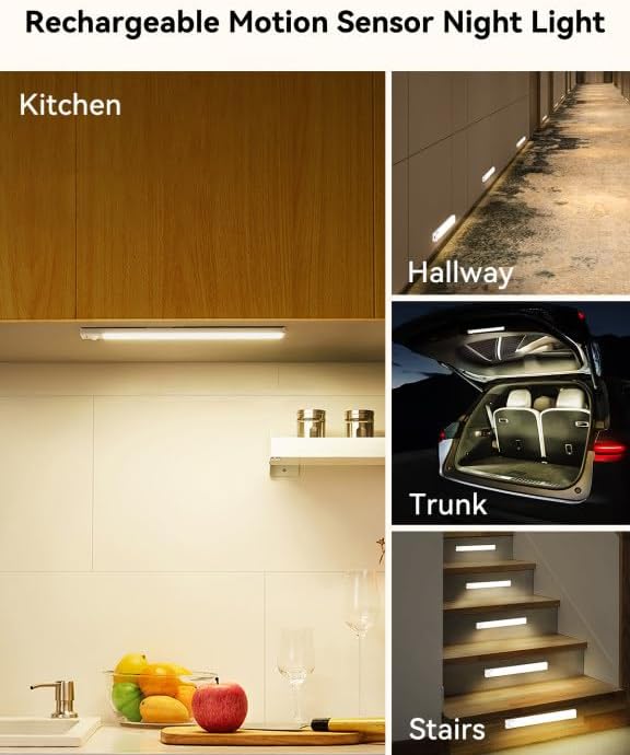 8Inch Under Cabinet Lighting Rechargeable with Charge Station, 6Pack | Motion Sensor Light Indoor 3 Color Dimmable Closet Light Battery Operated, Magnetic Under Counter Lights for Kitchen Stair