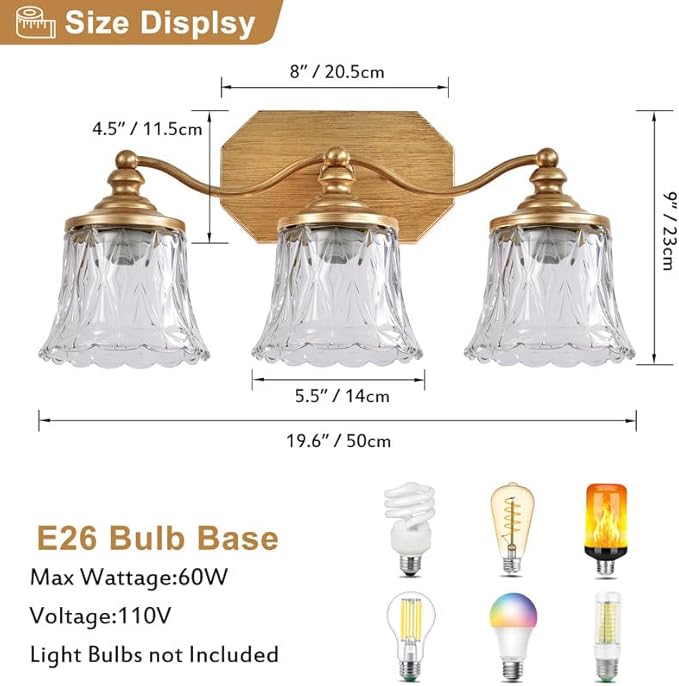 maesta Gold Bathroom Light Fixtures, 3 Light Bathroom Vanity Light, Matte Antique Gold Finish with Crystal Glass Shade, Gold Vintage Vanity Light for Bathroom, Living Room, Bedroom, Hallway