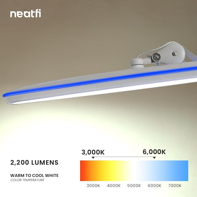 Neatfi XL 2,200 Lumens 20W LED Task Lamp – 23” Ultra-Wide Head | 182 SMD LEDs | 4 Brightness Levels | 3 Light Modes | Eye-Caring, Glare-Free | Adjustable Arm (CCT with Clamp, White)