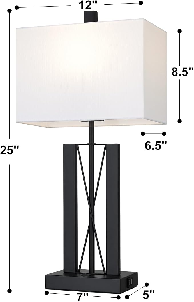 Lolikit 25" Table Lamps for Living Room Set of 2, Modern Table Lamp with 2 USB Charging Ports, Nightstand Geometric Bedside Lamp with White Shade for Bedroom End Table Desk Office(2 LED Bulb Included)