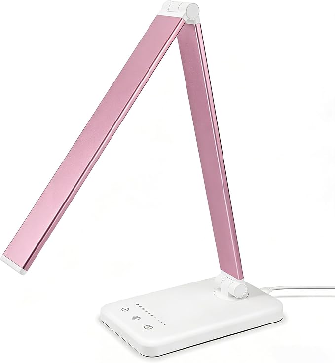 Led Desk Lamp, Desk Lamp with USB Charging Port, 5 Color Modes, 10 Brightness, Natural Light, Eye Caring Reading Lamp, Desk Light for Home Office, Table Lamp, Touch Control, Auto-Timer, Pink