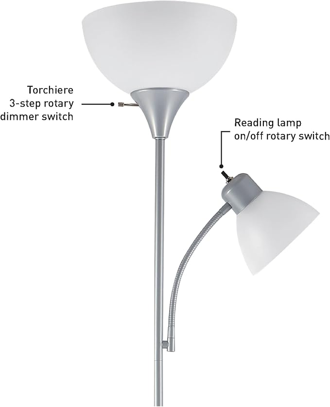 GLOBE Electric 67134 72" Torchiere Floor Lamp and Adjustable Reading Light, Silver, Frosted Shade, Dual Rotary Switch, 3-Step Dimming, Modern Lighting for Living Room or Office, Timeless (Pack of 2)