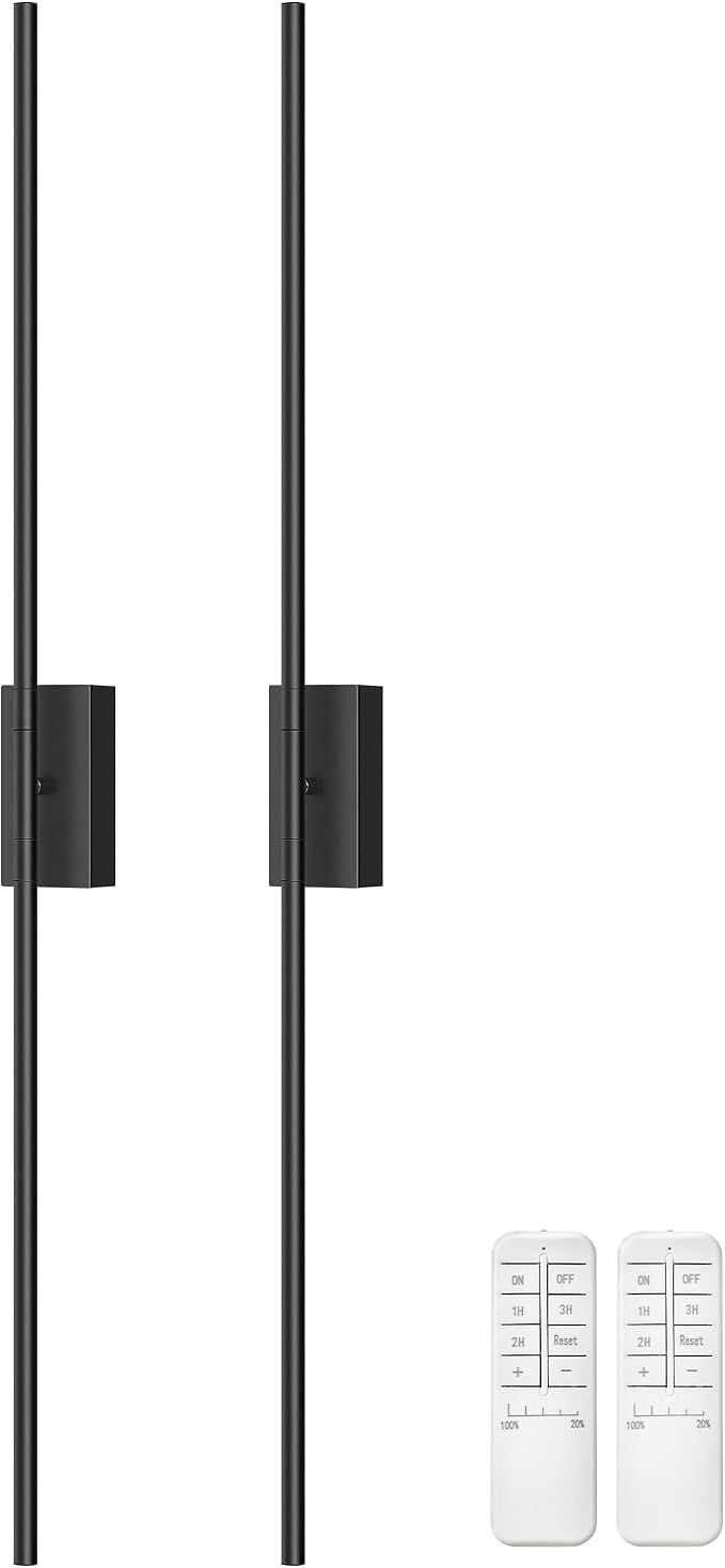 39.4" Wireless Wall Sconces Battery Operated Set of 2, Rechargeable Lamps with Remote, 360° Rotation, 10000mAh, Touch Dimmable Lights for Bedroom, Living Room, Hallway, Black B07YBP205