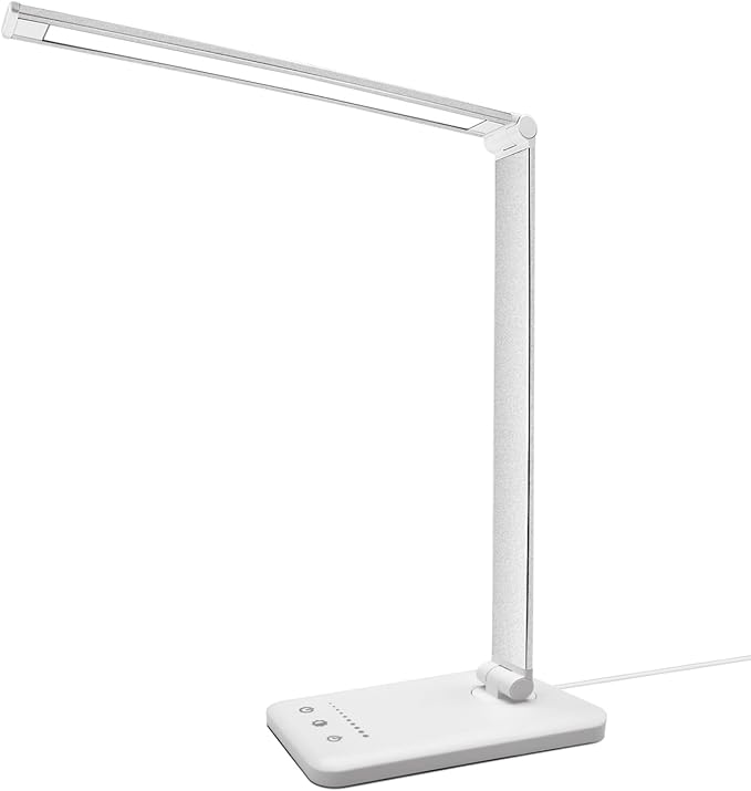 LED Desk Lamp with USB Charging Port, 5 Color Modes, 10 Dimmable Brightness Levels, Eye-Caring Reading Light, Touch Control & 30/60 min Auto Timer, Silver