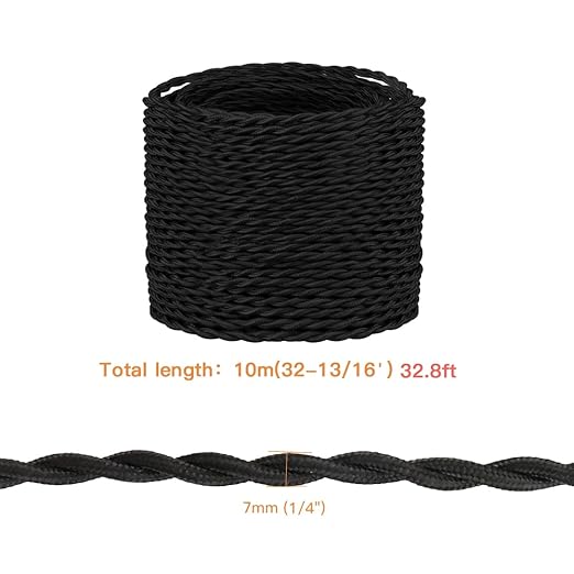 Helunsi 32.8ft Twisted Cloth Covered Wire, Black 182 Cloth Covered Electrical Wire, 18 Wire Gauge 2-Conductor Fabric Covered Lamp Cord, Vintage Twisted Cloth Covered Wire, for DIY Projects (Black)